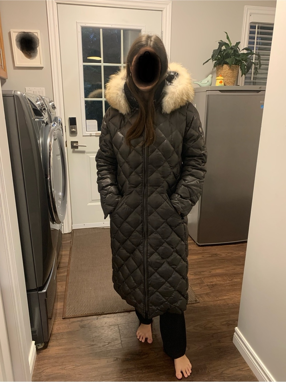 Dawn Levy Long Quilted Black Winter Coat with Fur-Trim Hood